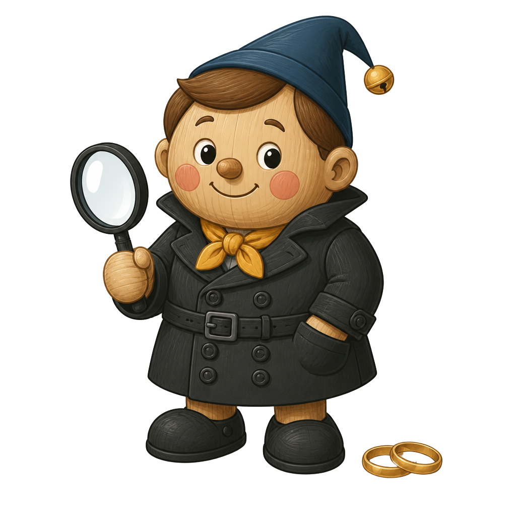Petit bonhomme en bois au bonnet bleu à grelot, en tenue d'agent secret avec sa loupe